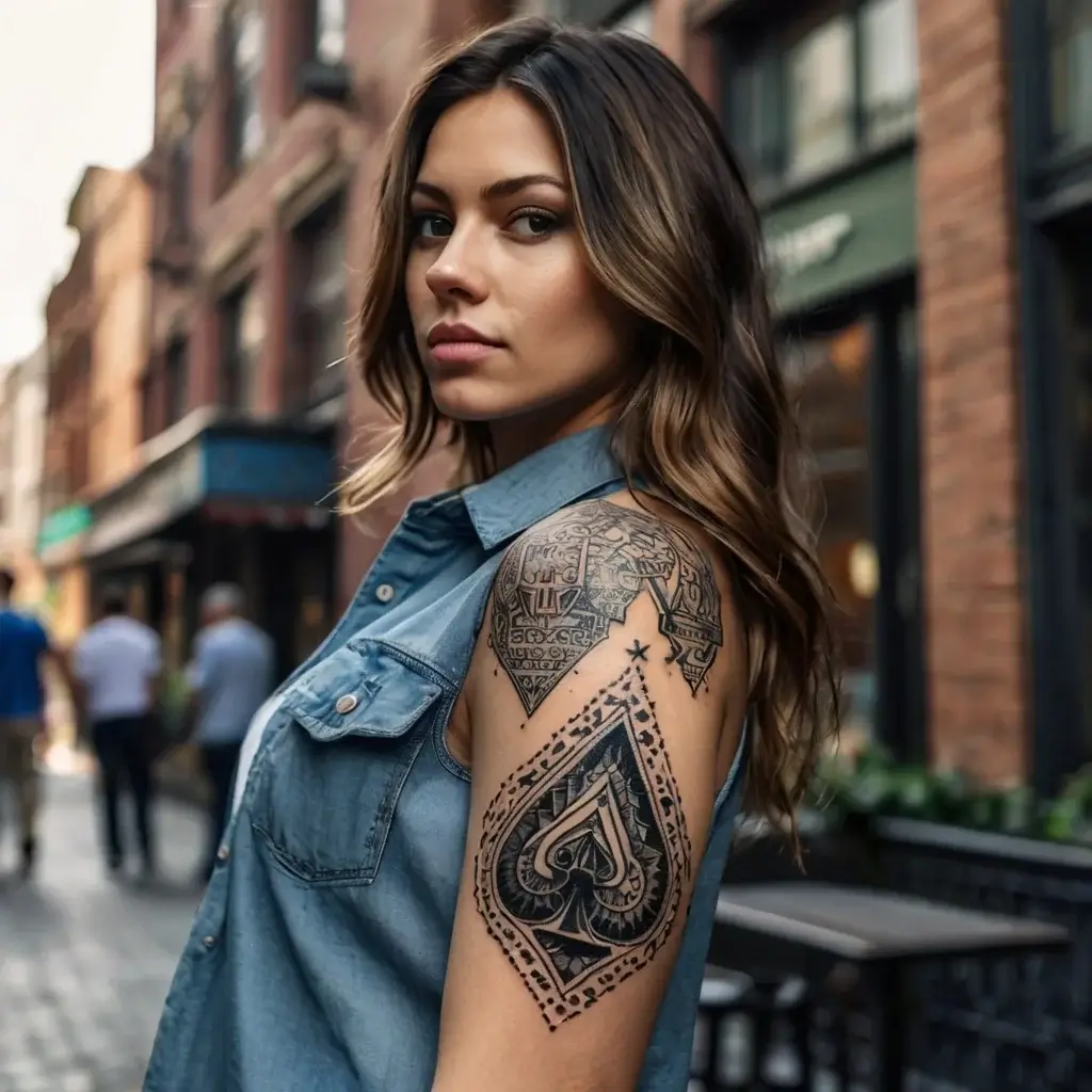 Intricate arm tattoo with a detailed spade design and geometric patterns on shoulder, blending artistry and symbolism.