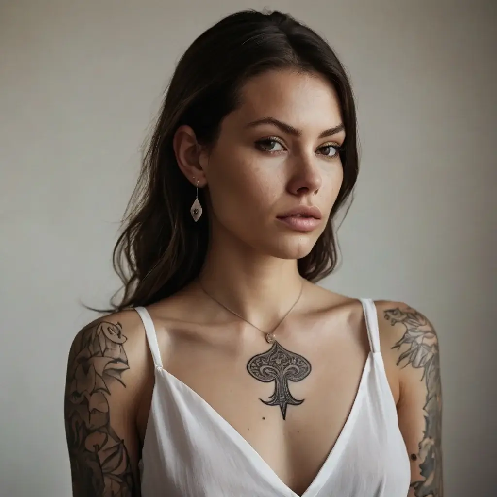 Aces spade design on chest, flanked by floral and dragon-like sleeve tattoos on arms. Intricate and bold blackwork style.