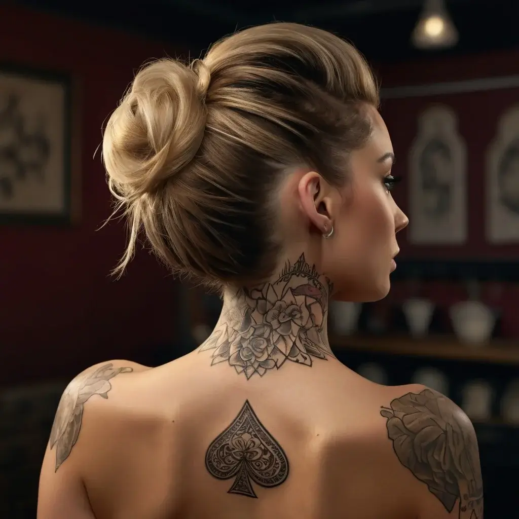 Neck floral tattoo with intricate detailing, black spade on spine, and shaded rose on shoulder. Elegant and bold design.