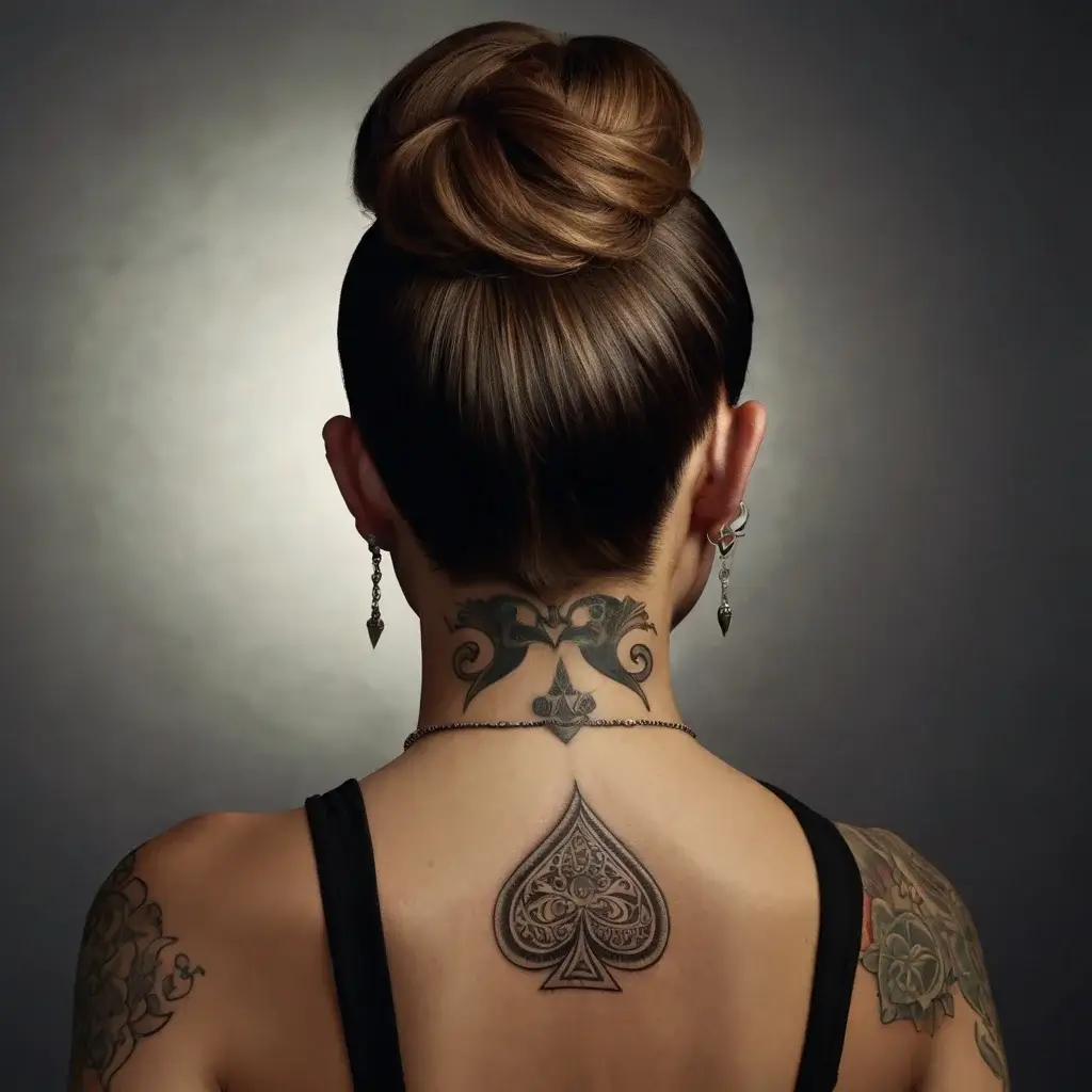 Elegant spade tattoo on upper back features intricate patterns, complemented by decorative neck tattoos and earrings.