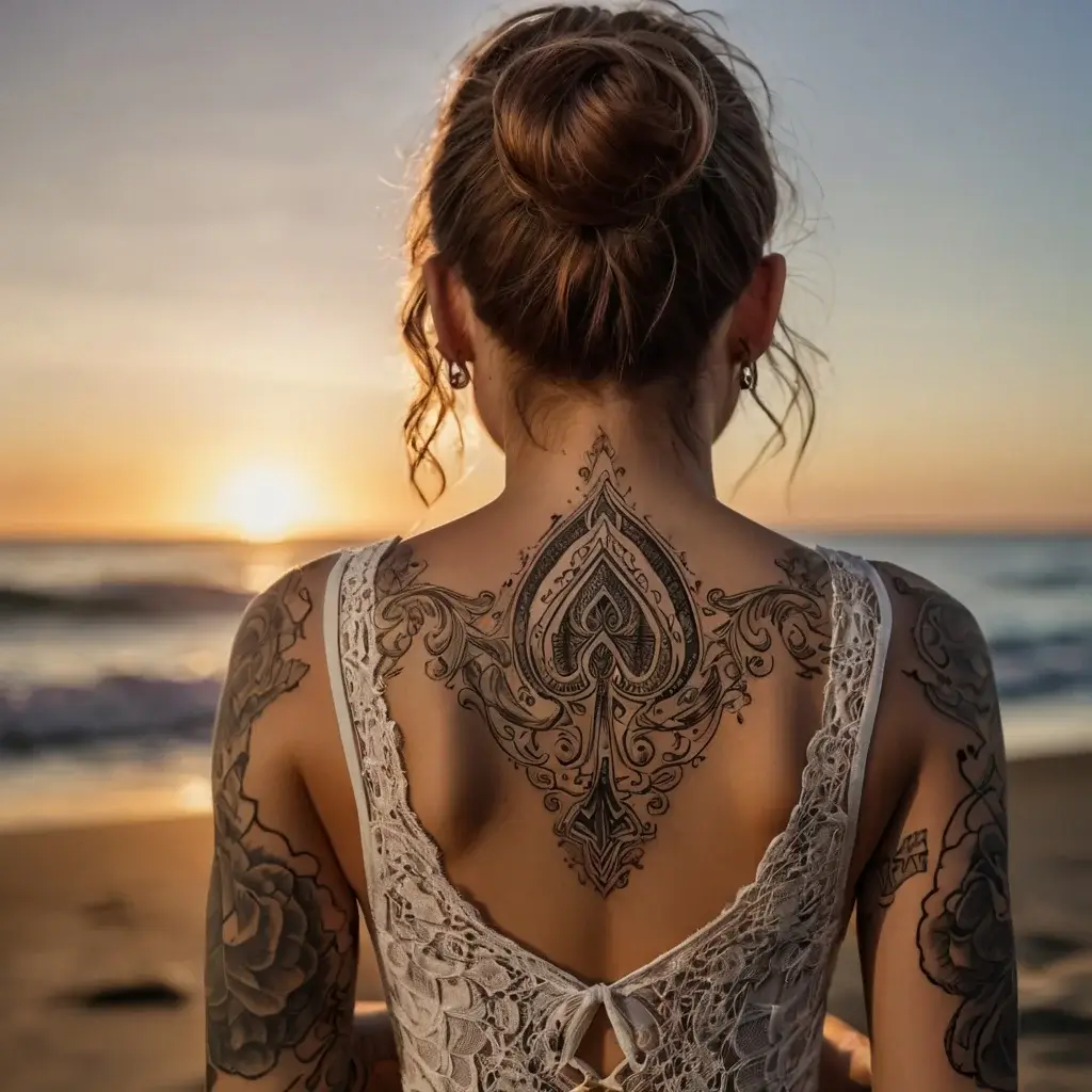 Intricate spade-shaped tattoo on the upper back with swirled designs and filigree details, surrounded by floral motifs.