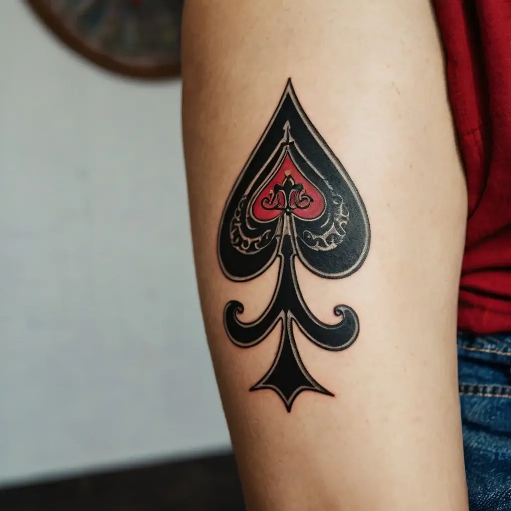 Tattoo of a stylized, ornate black and red Ace of Spades on an arm, featuring intricate detailing and bold outlines.