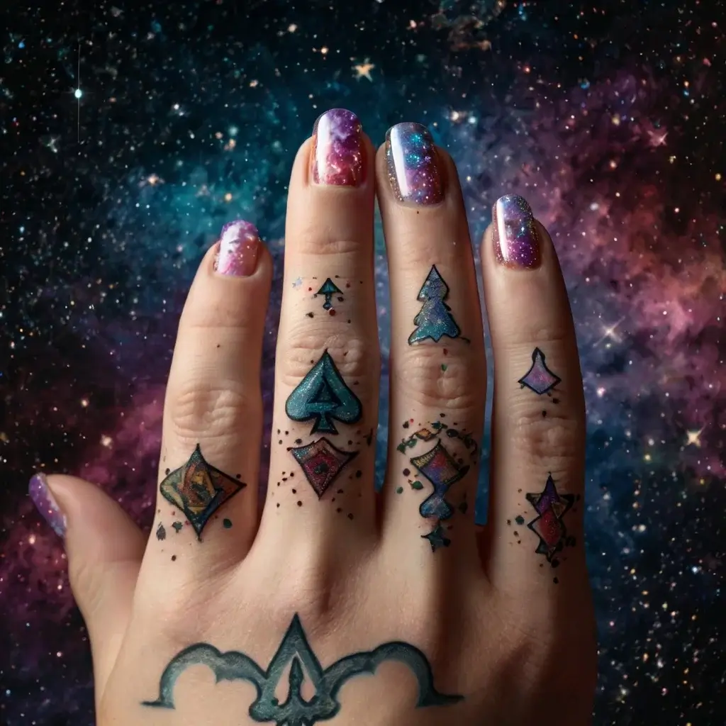 Tattoo design of colorful playing card suits on fingers, with galaxy-themed nails set against a cosmic space background.