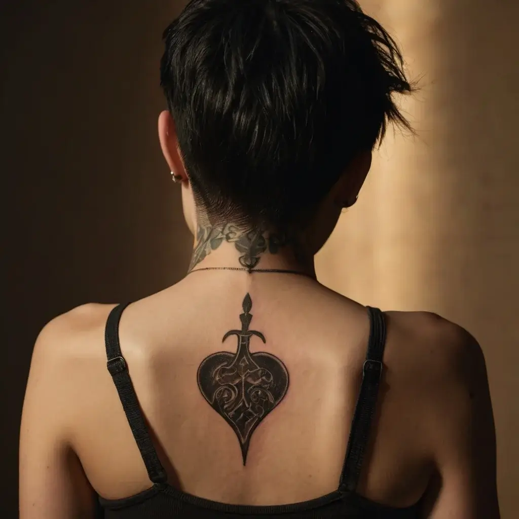 Tattoo of an ornate dagger within a heart shape, featuring intricate floral patterns, centered on the upper back.