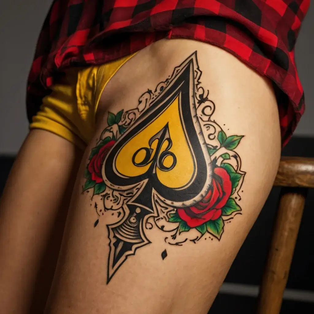 Tattoo of a yellow spade with ornate black outlines, framed by vibrant red roses and green leaves on the thigh.