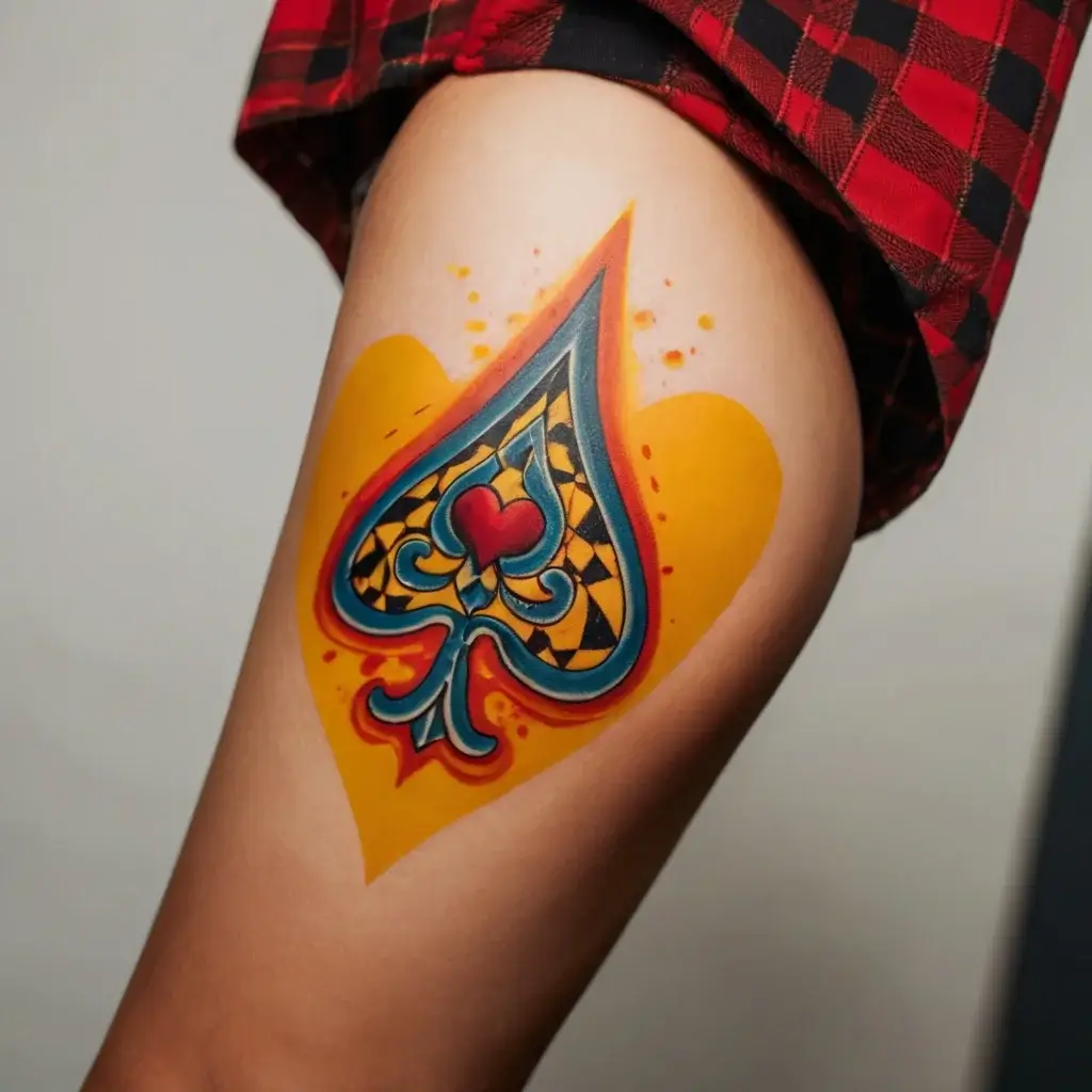 A vibrant spade tattoo with a bold black outline, intricate geometric patterns, and a central red heart on a yellow background.