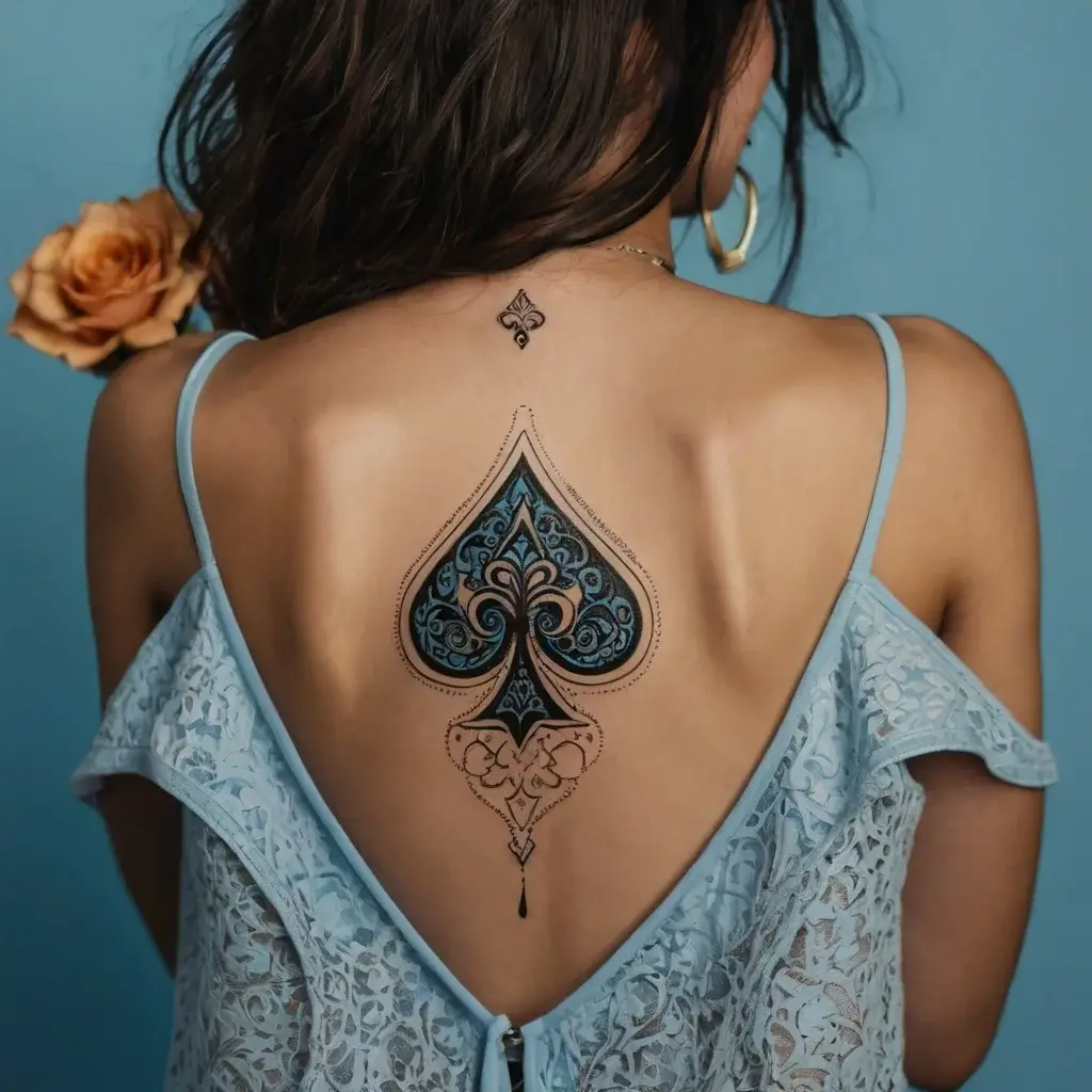 Intricate spade tattoo with ornamental and floral patterns on back, featuring blue and black shades for depth and elegance.