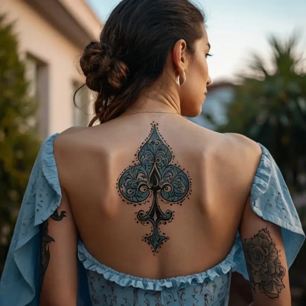 Back tattoo of a large, ornate spade in black and blue ink with intricate patterns and dotwork details.