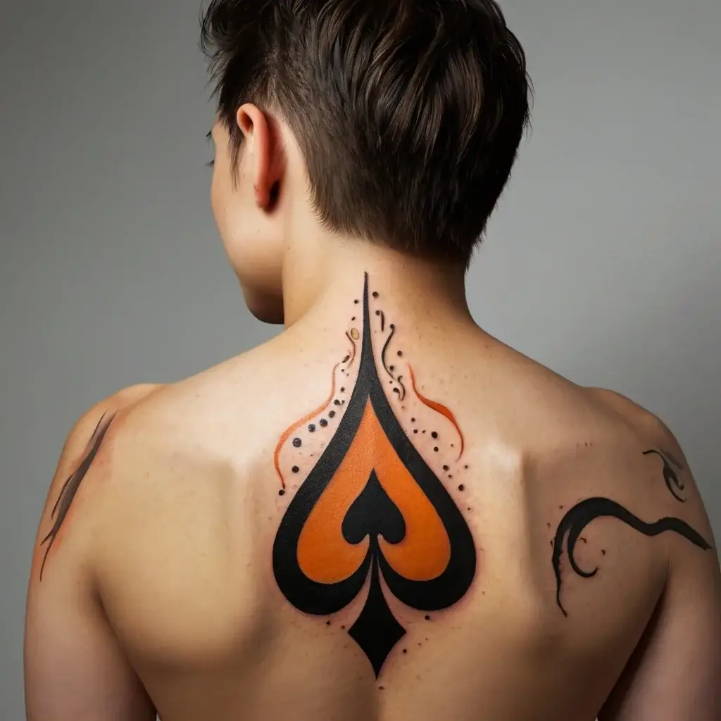 Bold orange and black spade tattoo with curved lines and dots on the back, symbolizing mystery and power.