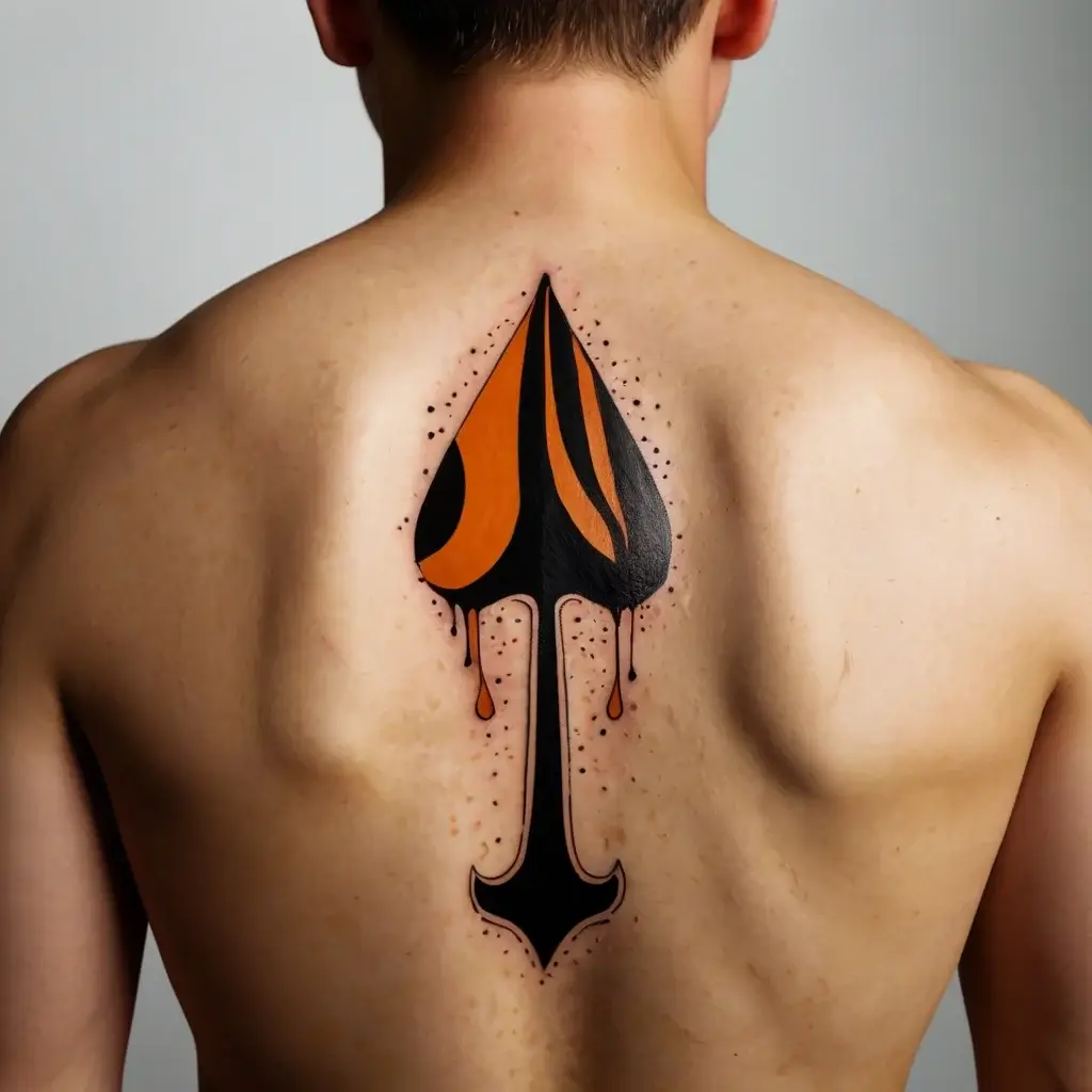 Tattoo of a black and orange spade symbol with striped design and dripping ink effect on the back, surrounded by dots.