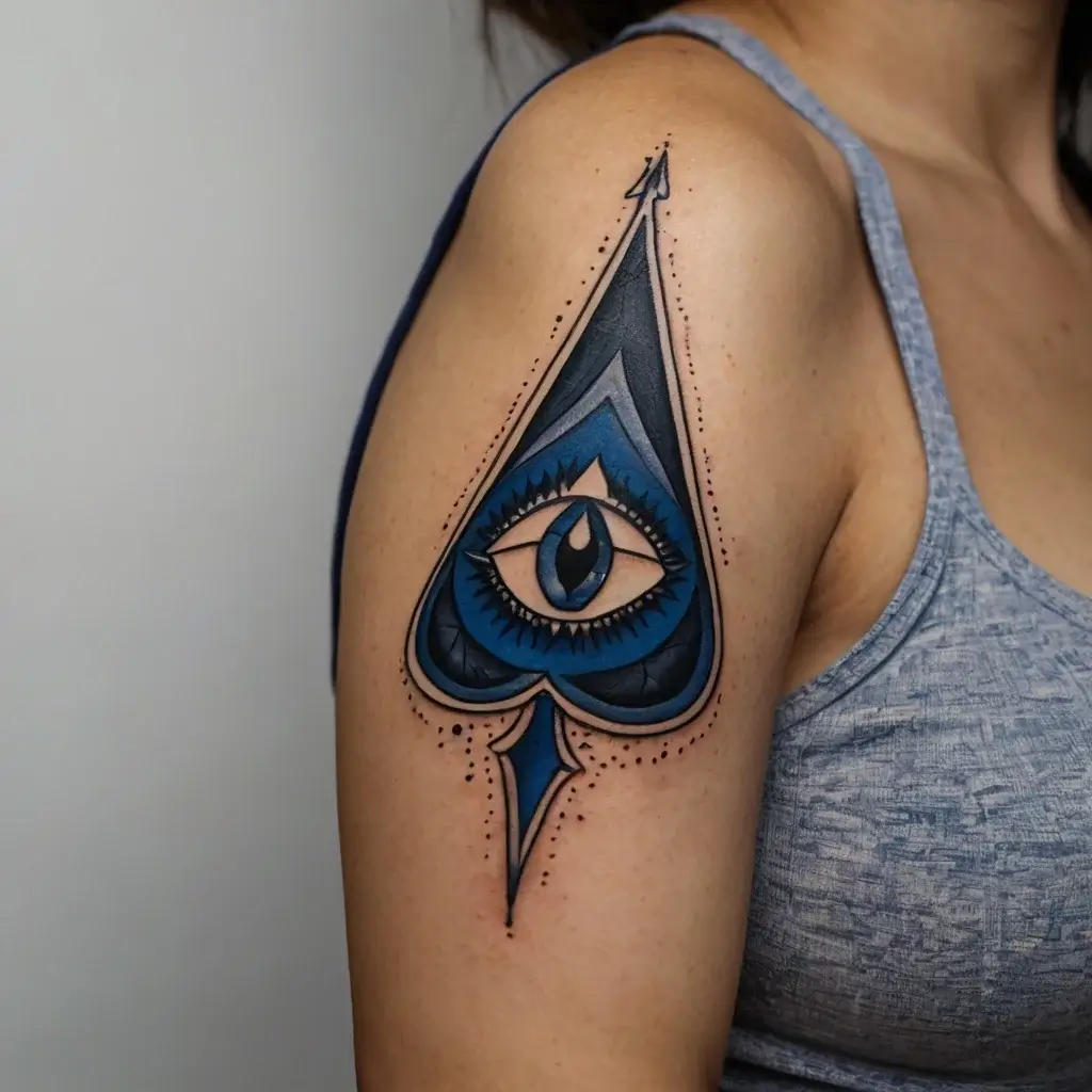 A blue spade tattoo with a central eye design, symbolizing perception and mystery, highlighted by bold lines and dot work.