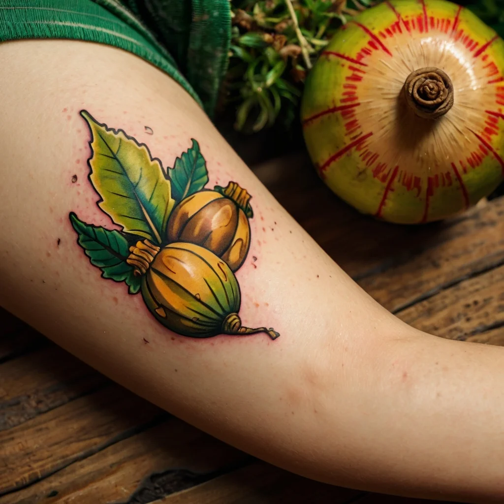 Tattoo of vibrant yellow and green fruits with leaves, artfully shaded and outlined in bold black on skin.