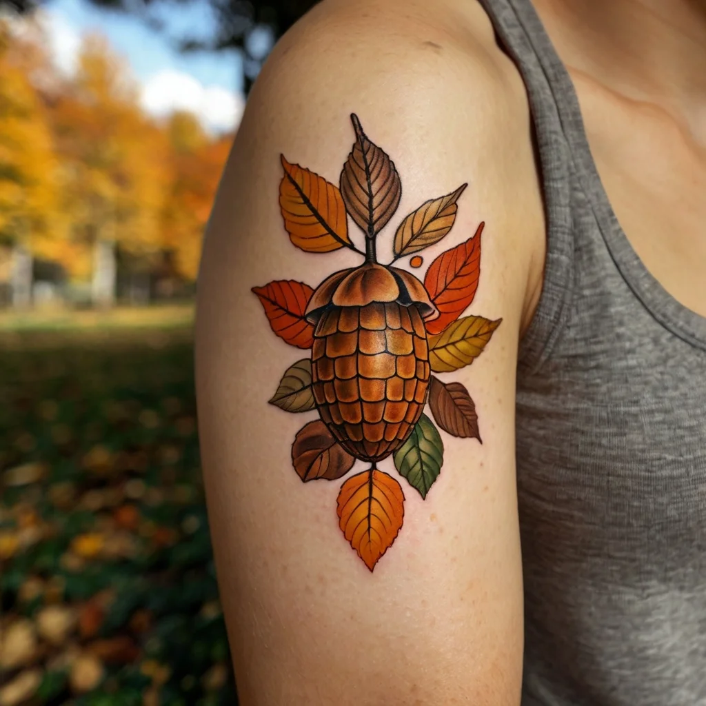 Tattoo of an acorn surrounded by vibrant autumn leaves, showcasing rich orange, red, and green hues on the upper arm.