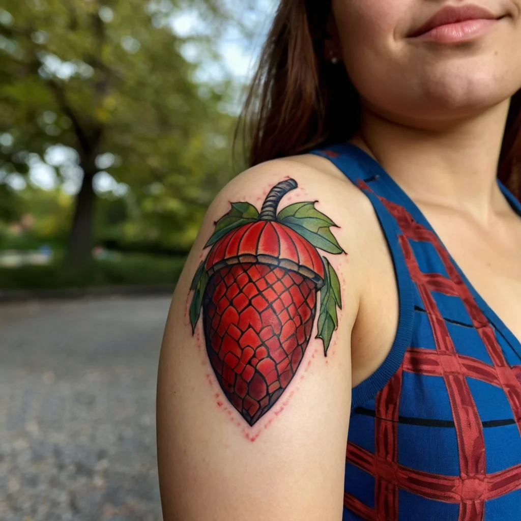 Tattoo of a vibrant red pinecone with green leaves, blending natural elements on the upper arm.