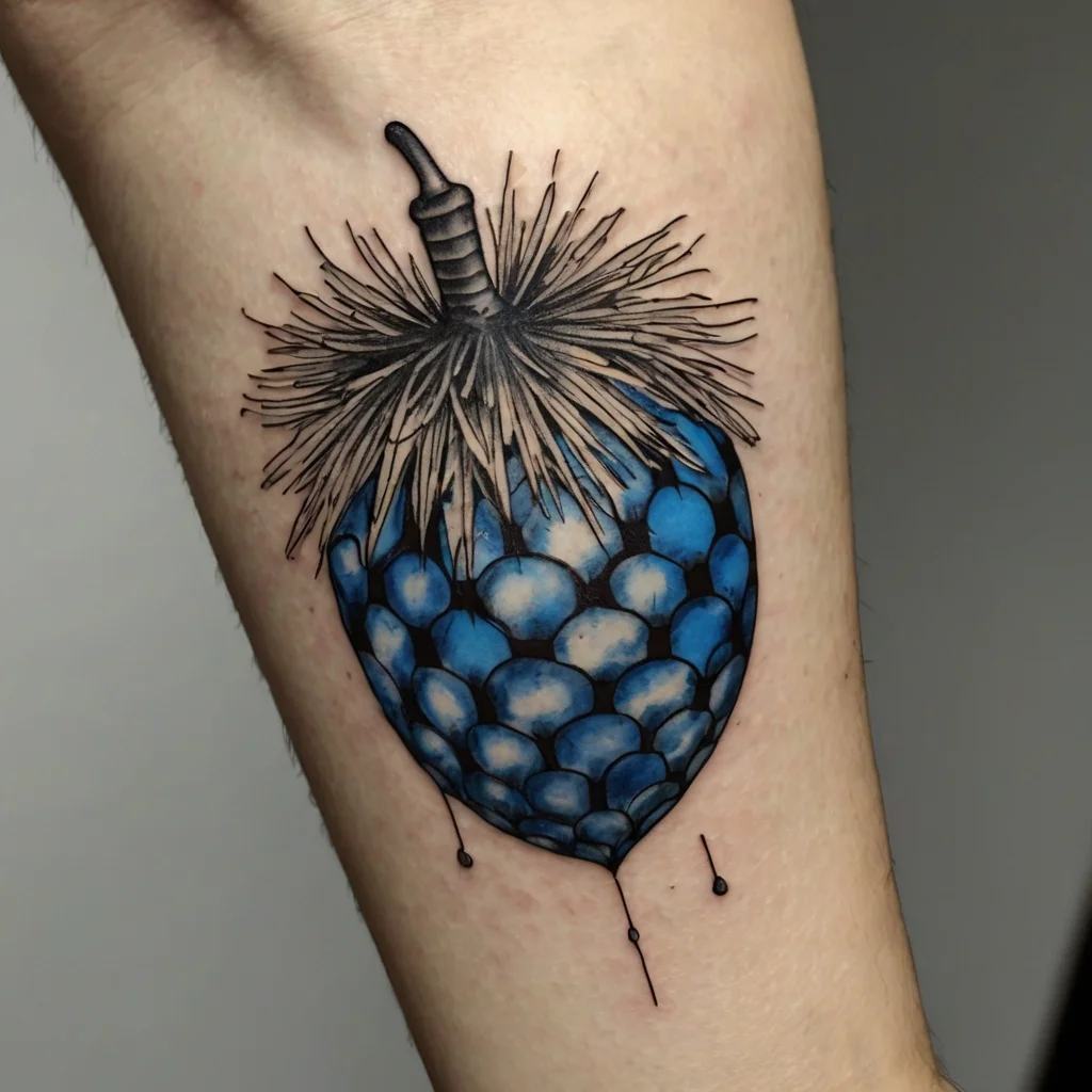 Tattoo of a stylized blue raspberry with textured scales and a detailed, wispy brown top, featuring dripping ink accents.