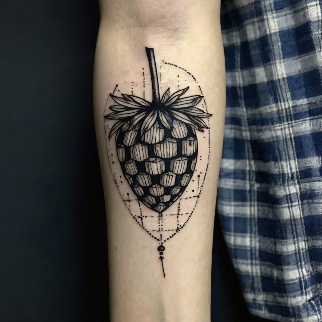 Blackwork geometric strawberry tattoo with dotted lines and shading on the forearm, combining realism and abstract art.