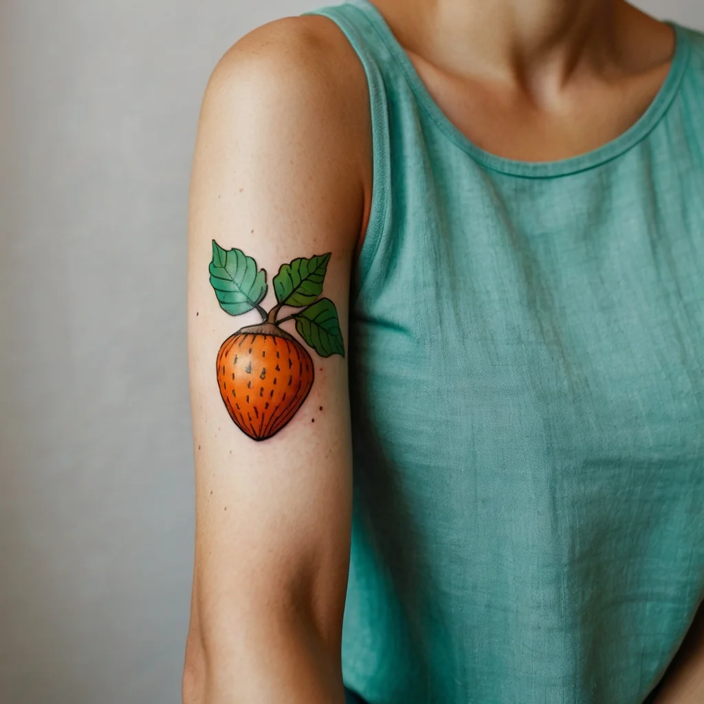 Tattoo of a vibrant orange strawberry with green leaves on an arm, showcasing detailed line work and natural shading.