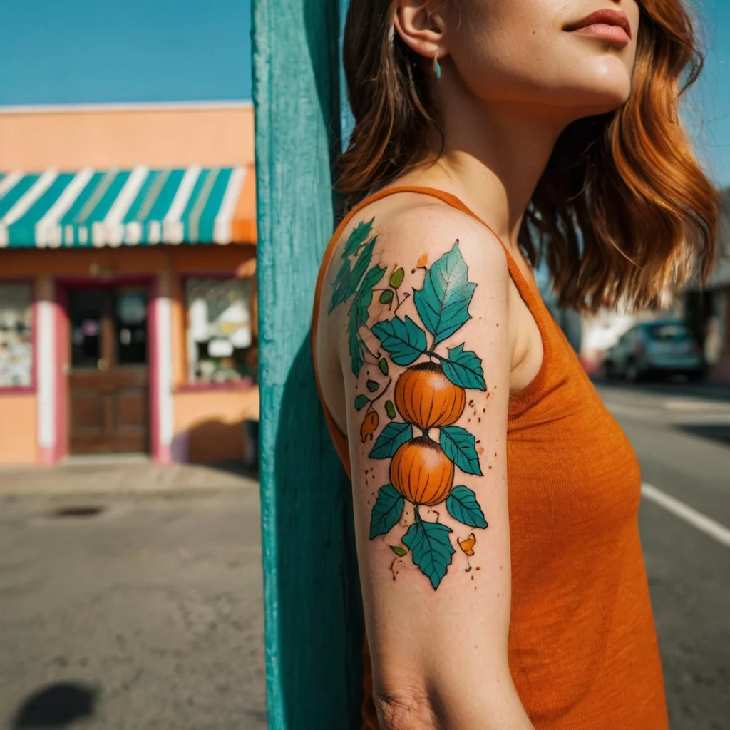 Colorful tattoo of two pumpkins with vibrant green leaves and vines, showcasing a bold, illustrative style on the upper arm.