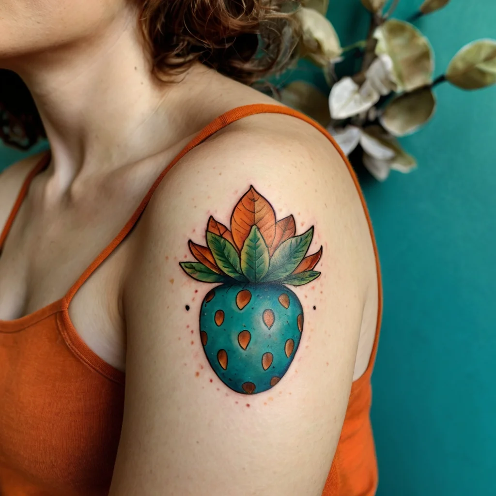 Colorful tattoo of a blue strawberry with orange seeds and vibrant leaves on the shoulder, blending realism and whimsy.