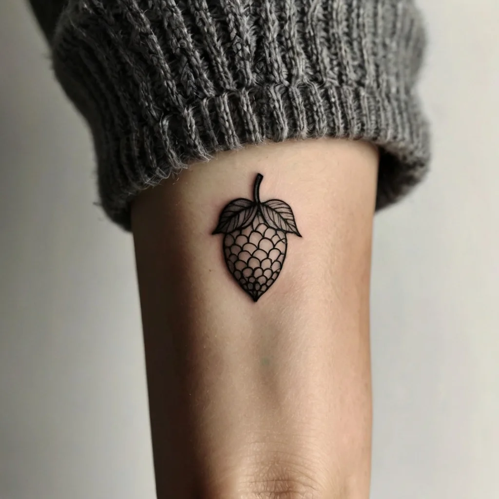 Black ink raspberry tattoo with intricate leaf detailing on the forearm, emphasizing simplicity and natural beauty.