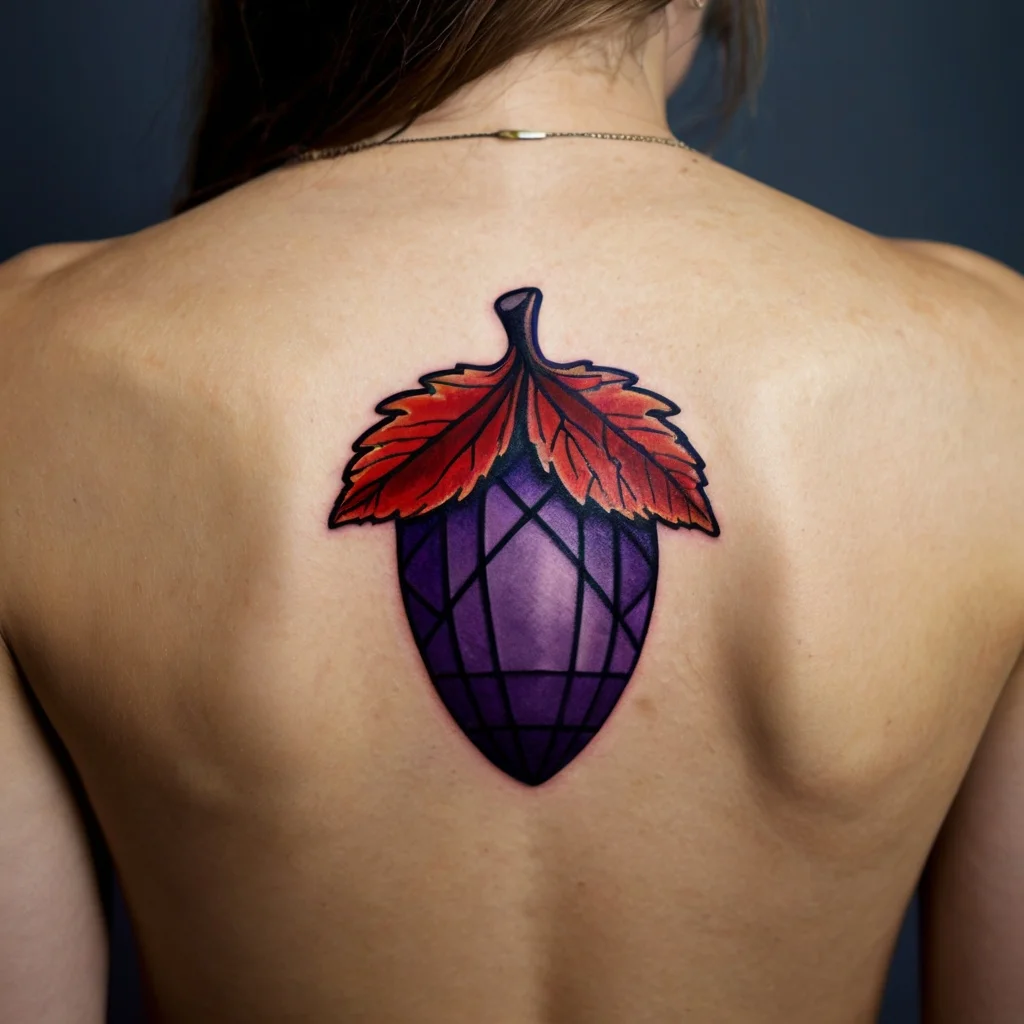 Tattoo of a geometric purple acorn with vibrant red leaves on a back, symbolizing growth and resilience.