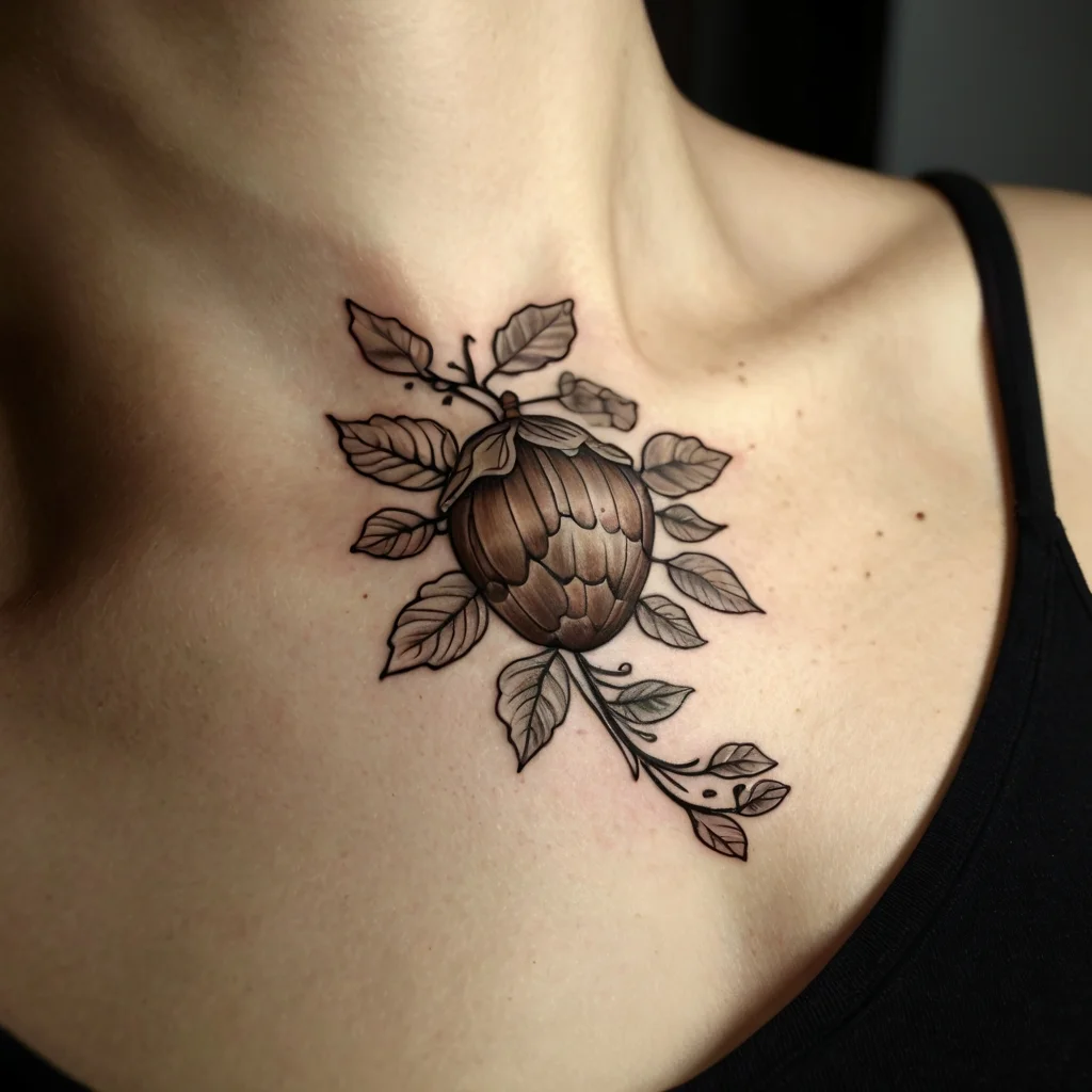 A detailed artichoke fruit and vine tattoo, showcasing rich shading and intricate leaf details on the chest.