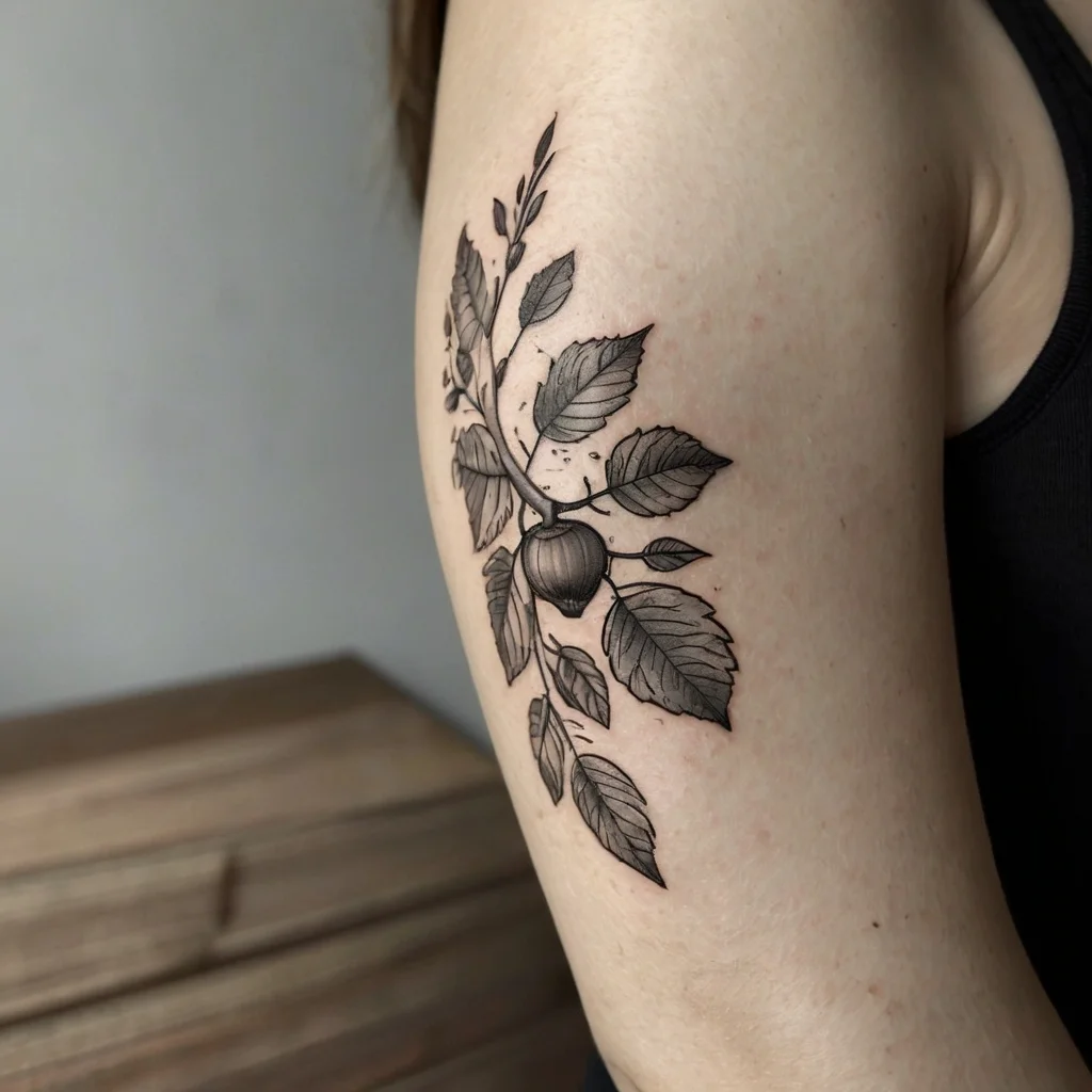 Black and gray tattoo of a fig branch with detailed leaves and fruit, showcasing intricate shading on the upper arm.