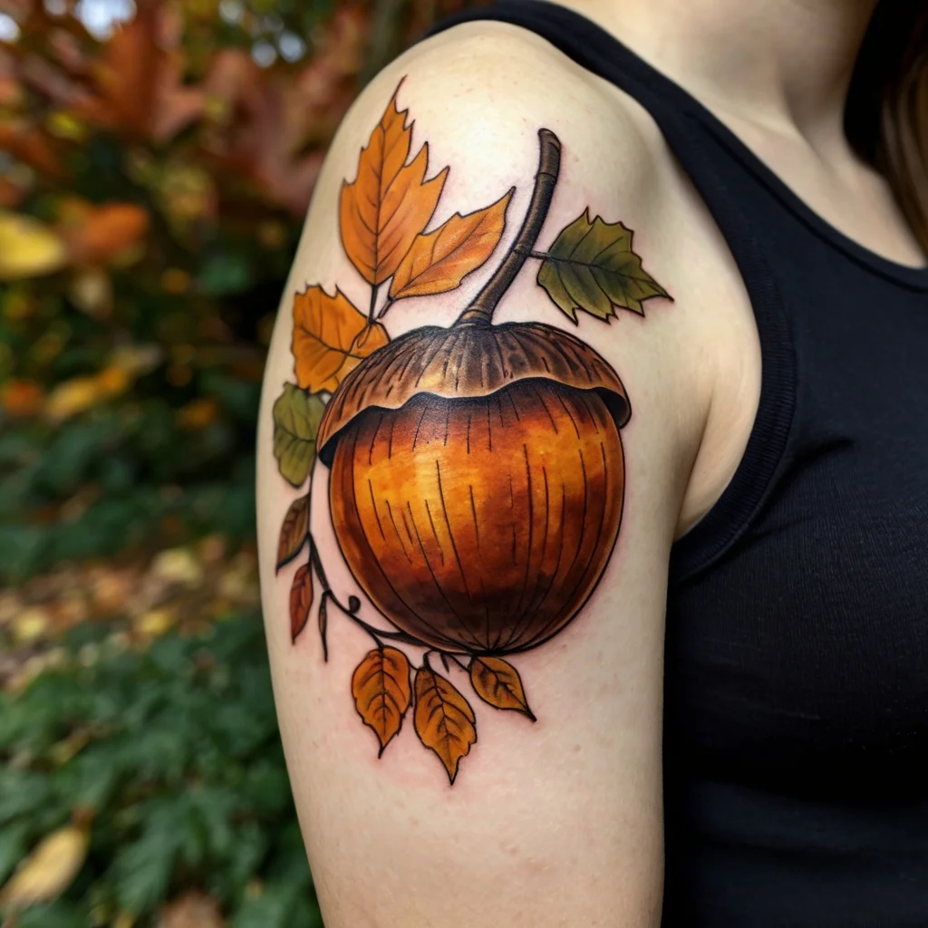 Realistic acorn tattoo with vibrant autumn leaves in orange and green hues, encircling the shoulder.