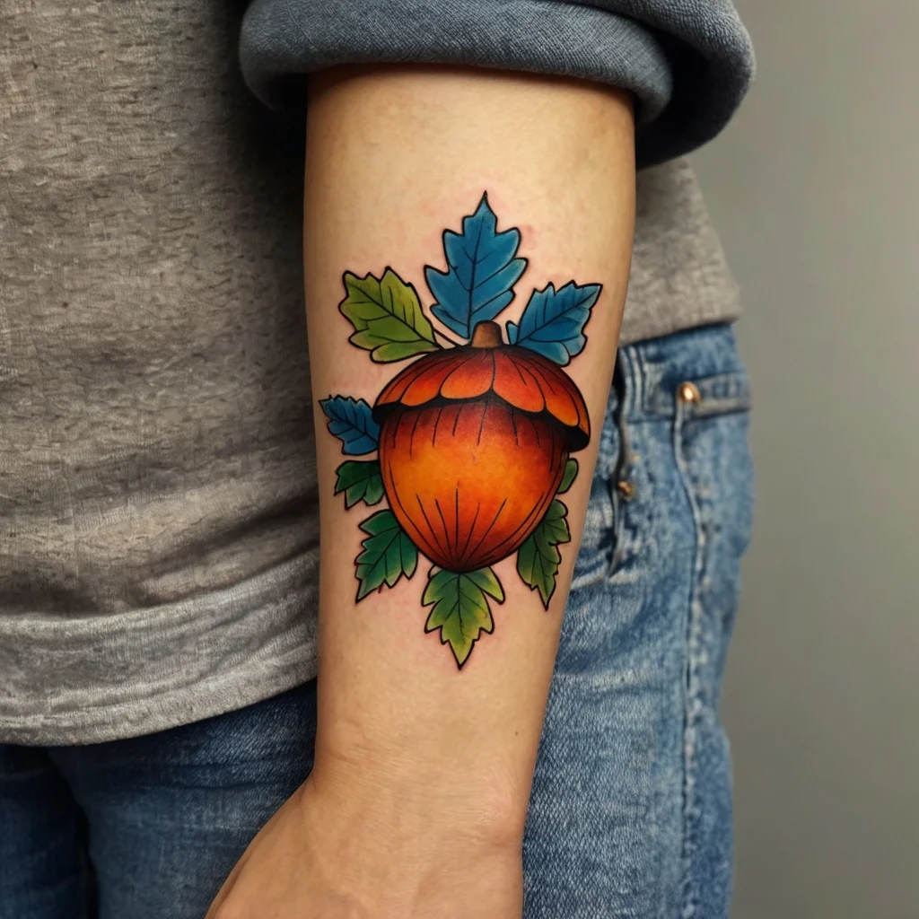 Vibrant tattoo of a large orange acorn with vivid blue and green leaves on the forearm, showcasing nature's beauty.