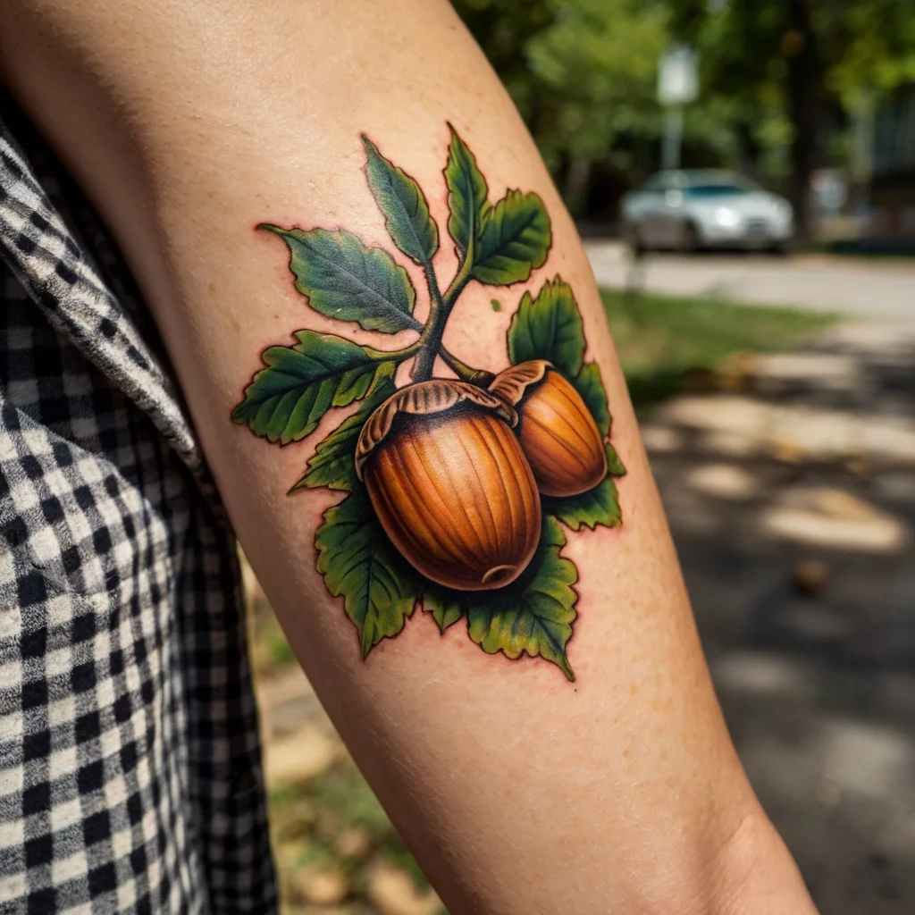 Tattoo of two realistic acorns with vivid green leaves on the arm, detailed shading and vibrant colors enhance depth.