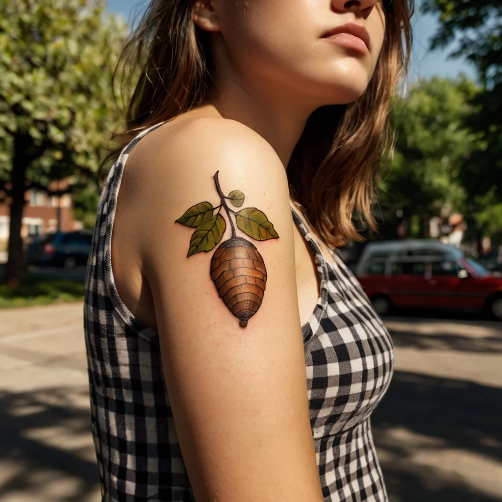 Realistic cicada shell tattoo with green leaves on upper arm, symbolizing transformation and growth.