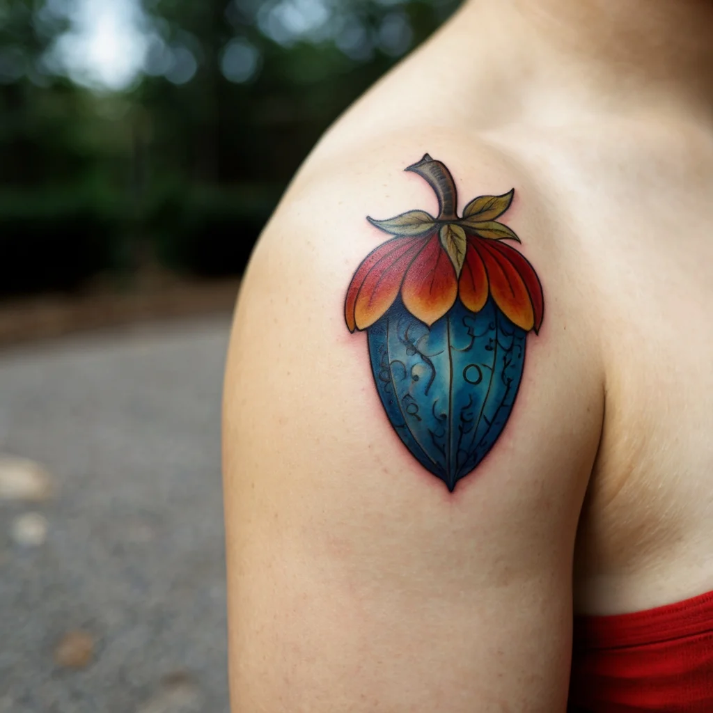 Colorful tattoo of a blue strawberry with vibrant red-orange petals and yellow leaves on the shoulder.