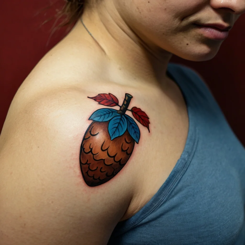 Colorful hop tattoo on shoulder featuring blue and red leaves, symbolizing brewing and nature.