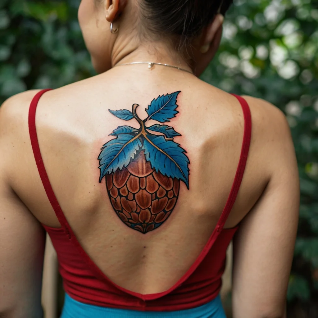 Tattoo of a bold hops plant with rich blue leaves and an earthy pinecone on upper back, symbolizing nature and growth.