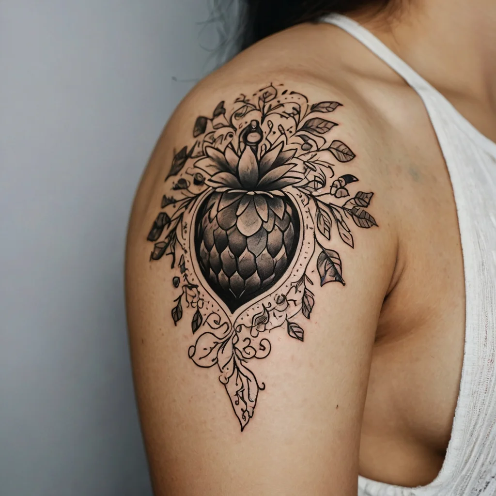 Detailed black ink tattoo of a heart entwined with leaves and floral patterns on the shoulder, featuring intricate shading.