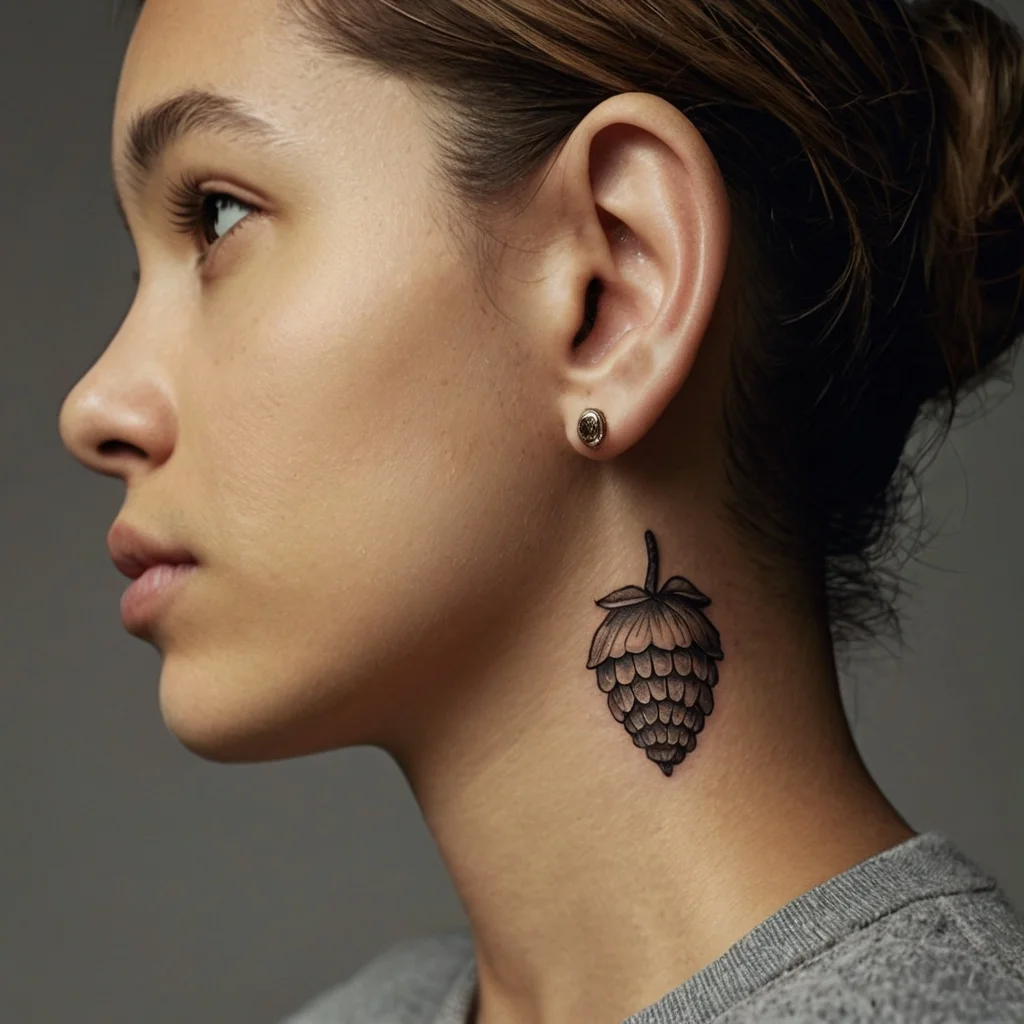 Tattoo design of a detailed blackwork hop cone on the neck, symbolizing creativity and communication.