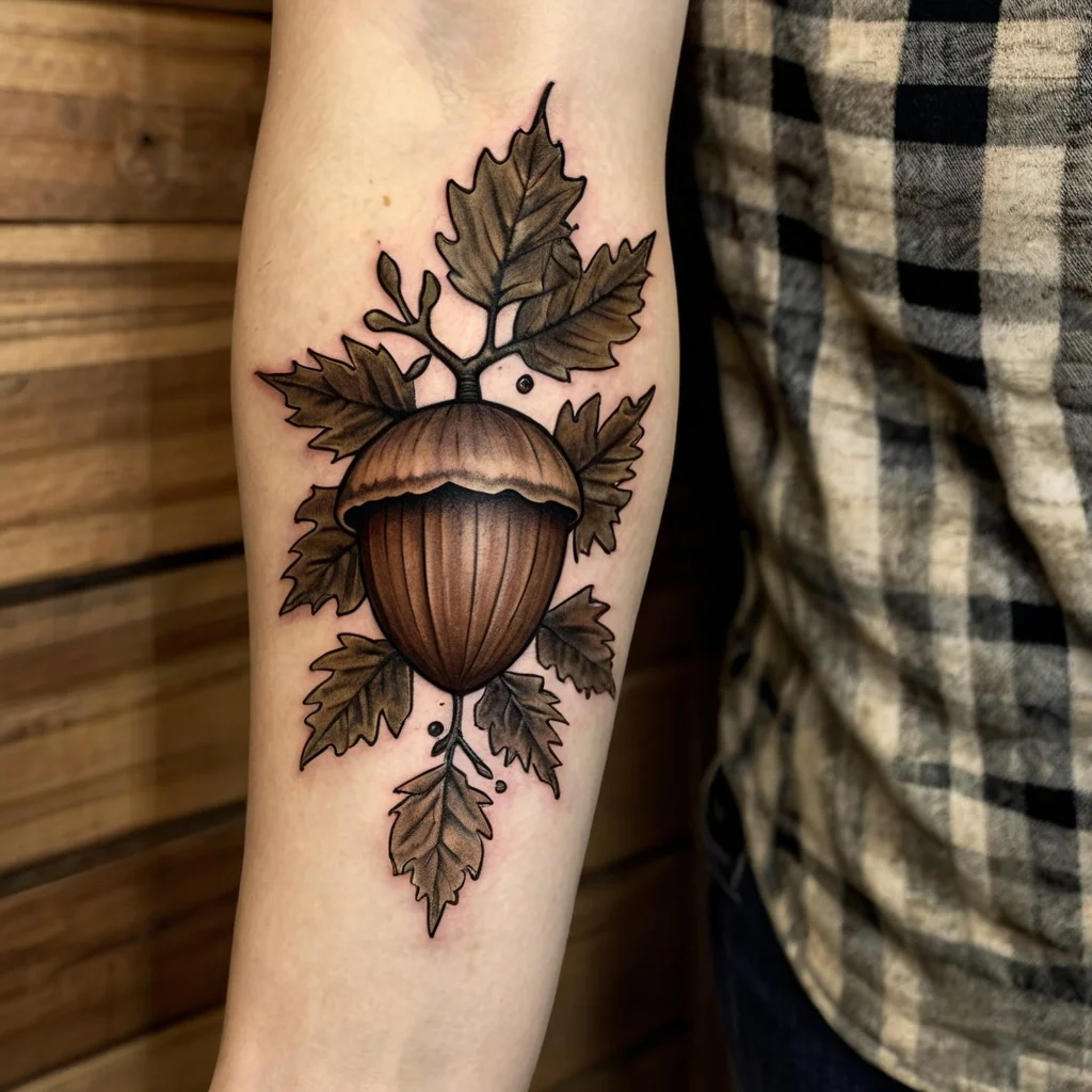 Tattoo of a realistic acorn with detailed leaves, black outlines, and earth-toned shading adorning the forearm.