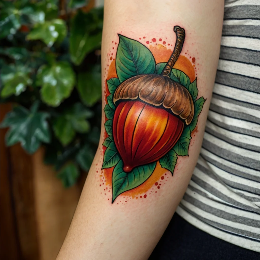 Tattoo of a vibrant red-orange acorn with green leaves and dotted orange background on upper arm.