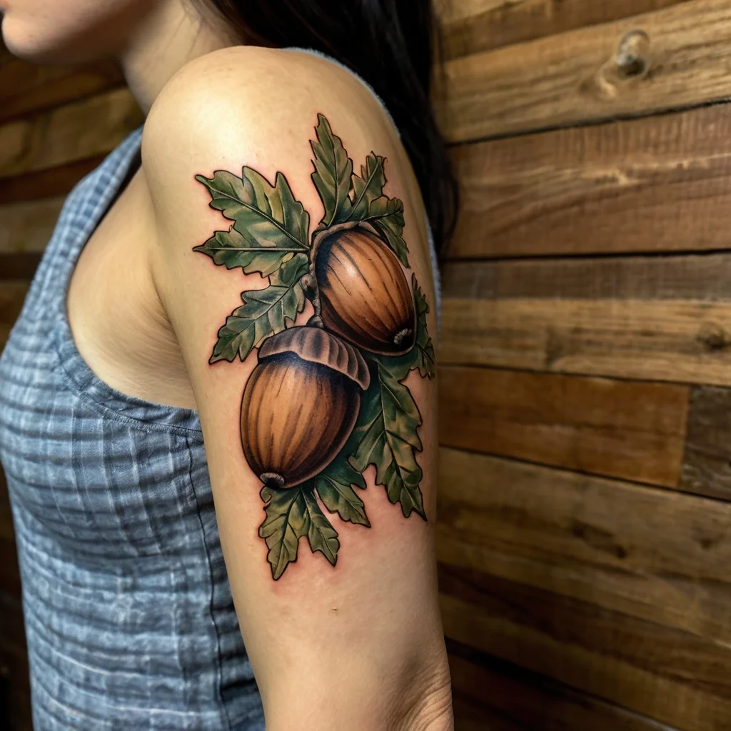 Tattoo of two realistic acorns with detailed green oak leaves on the upper arm, showcasing nature's beauty.