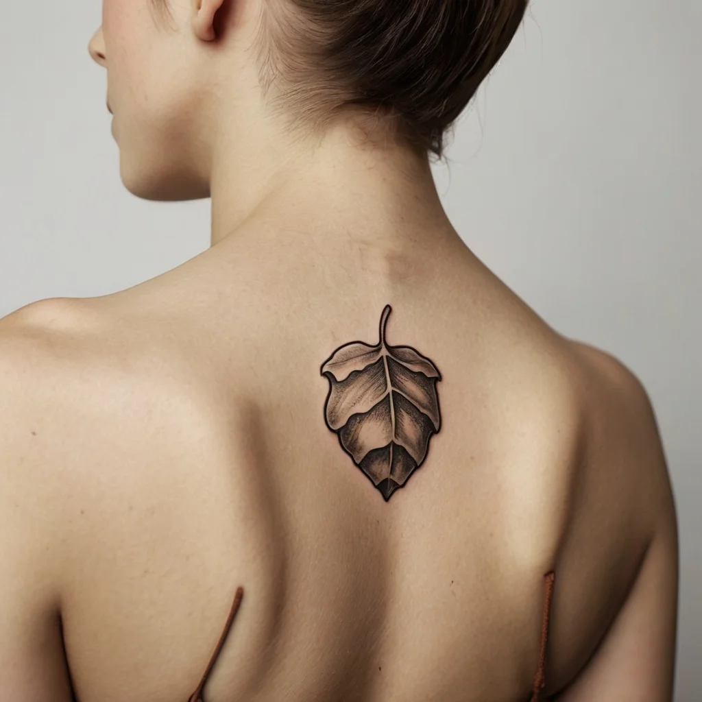 Realistic leaf tattoo on back, showcasing detailed shading and contouring for a natural look.