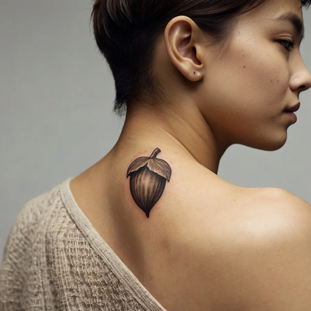 A realistic acorn tattoo on the upper back, symbolizing growth and potential, with intricate shading and detail.