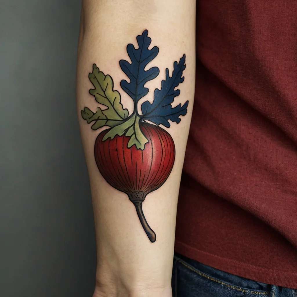 Tattoo of a vibrant red radish with detailed blue and green leaves on a forearm, reflecting a bold, nature-inspired design.