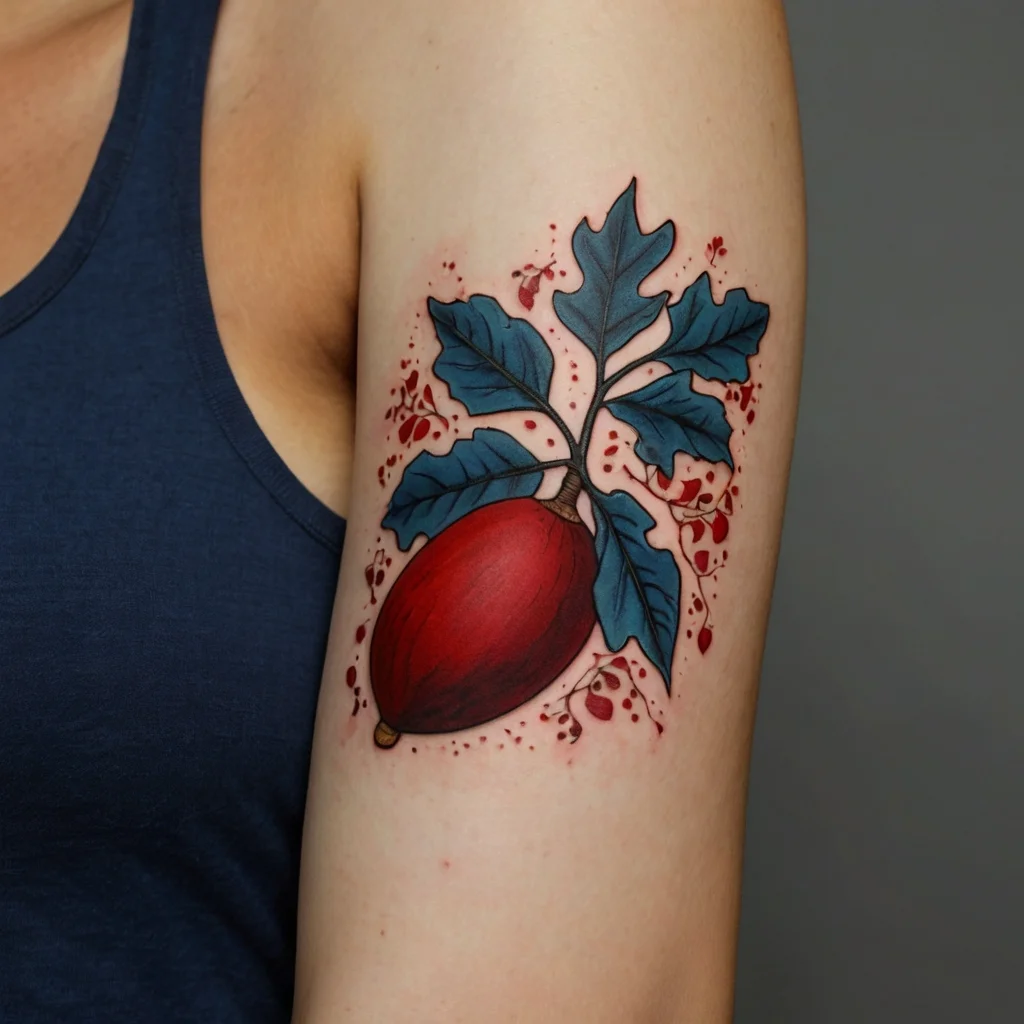 Tattoo of a vivid red pod with teal leaves, surrounded by artistic red splashes, creating a bold and vibrant design.