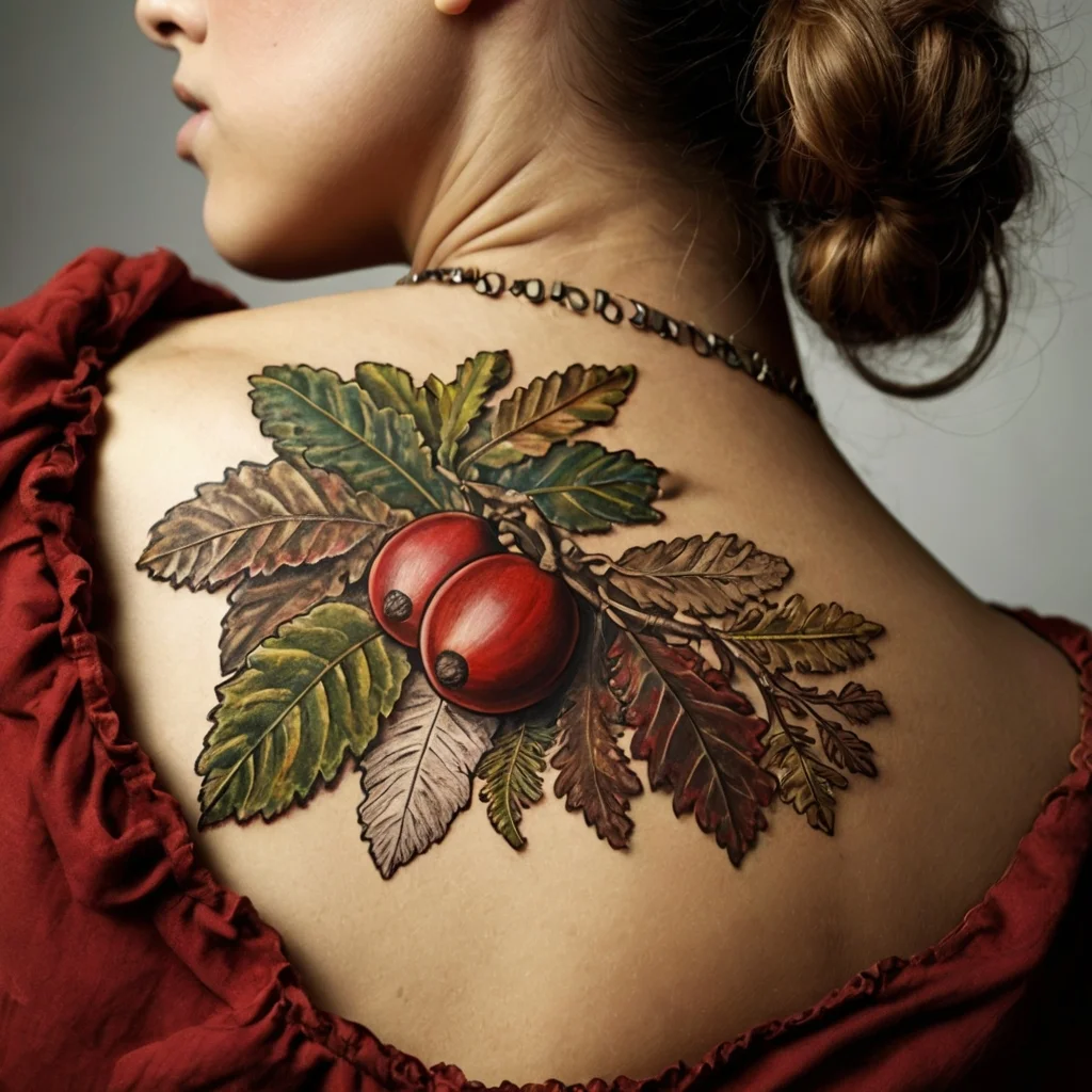 Tattoo of vibrant red berries, surrounded by detailed green and brown leaves, on the upper back.