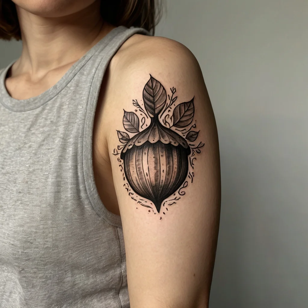 Tattoo of a detailed poppy seed pod with leaves, shaded in black and gray ink, on the upper arm.