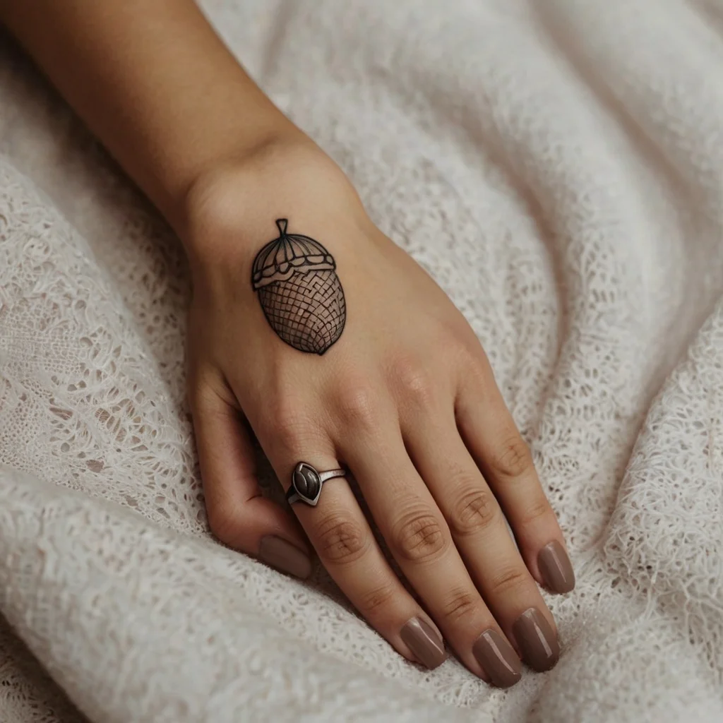 Ornate acorn tattoo on hand, featuring intricate grid patterns and shading for a detailed, artistic design.