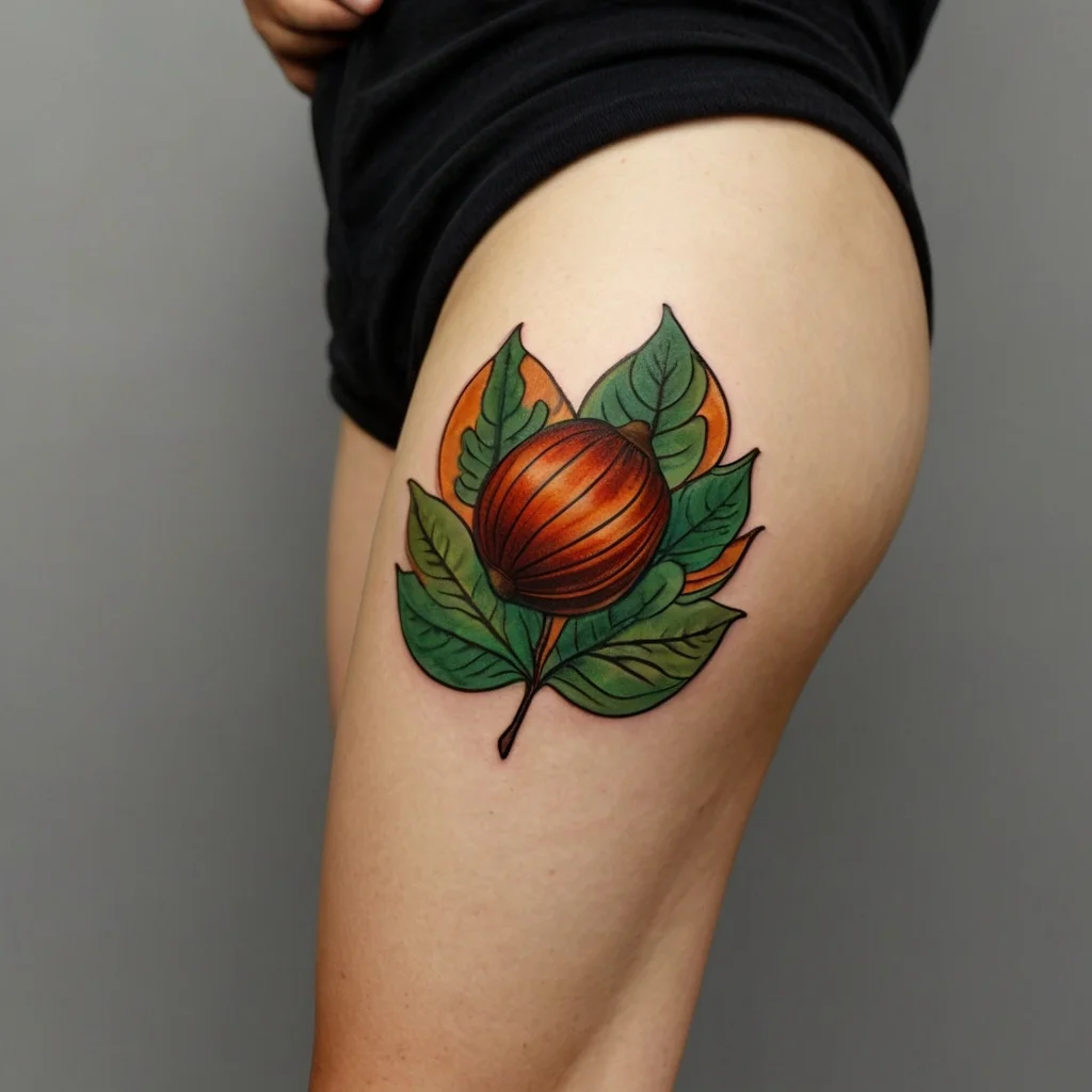 Tattoo of a vibrant orange and green nut design with lush leaves, emphasizing natural elements and bold colors.