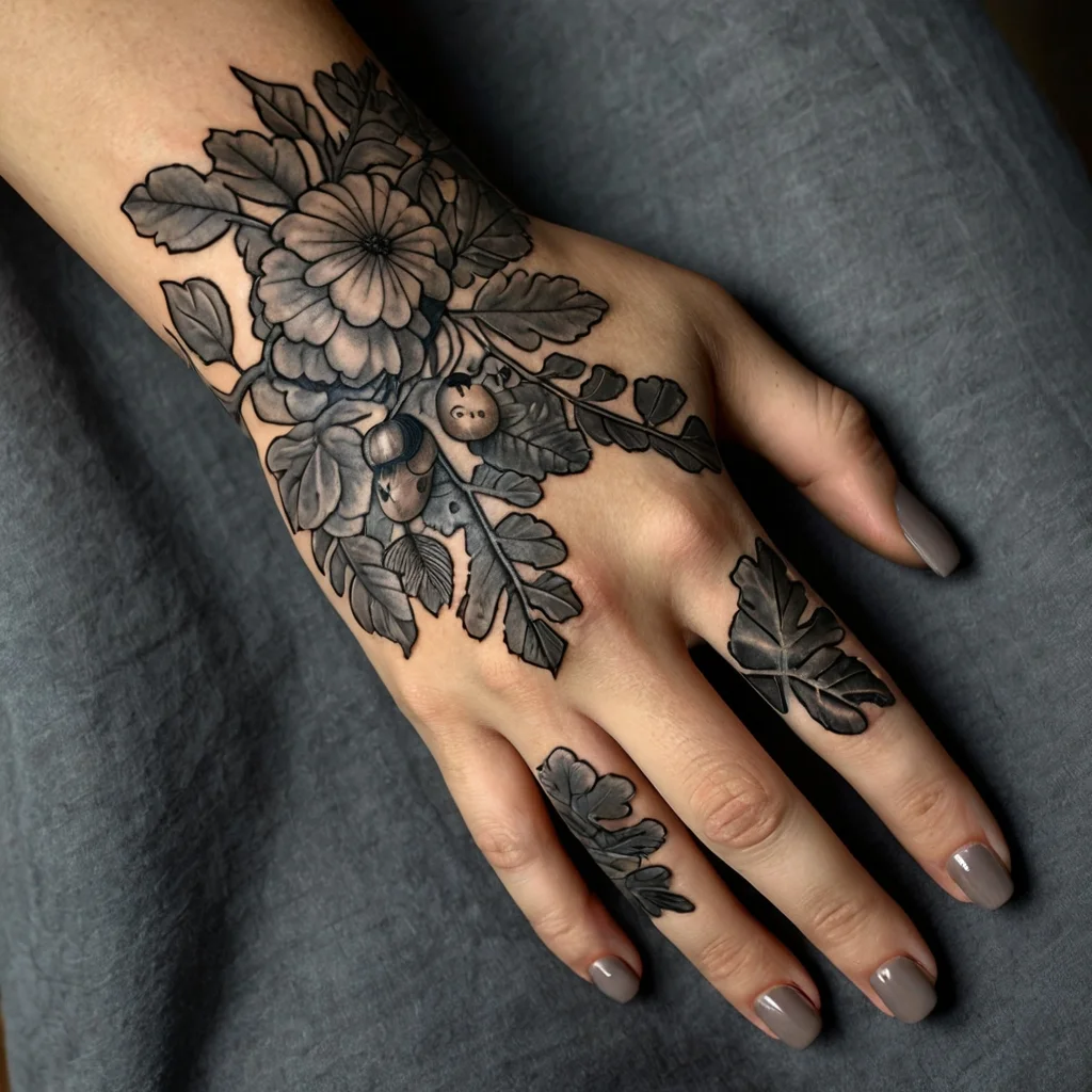 Ornate floral tattoo covers hand with detailed blackwork. Features large blooming flower and leaves extending to fingers.