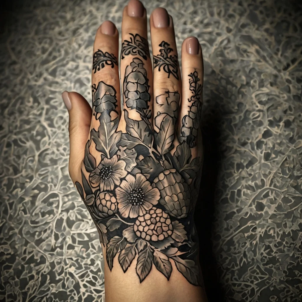 Ornate floral hand tattoo with detailed blossoms and leaves, extending onto fingers with intricate vine patterns.