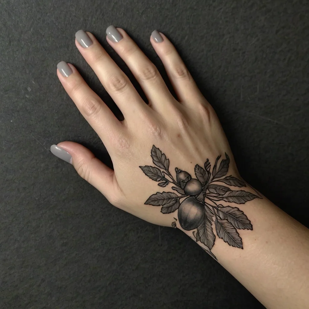 Hand tattoo of a detailed botanical design featuring a cluster of leaves and two round fruits in black ink.